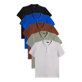 Erkek 5'li Paket Siyah-Saks Mavi-Kahverengi-Haki-Gri Slim Fit Pamuklu Düz Pike Polo Yaka Tişört