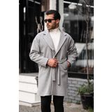 Erkek Açık Gri Kemerli Oversize Rahat Kesim Kaşe Kaban
