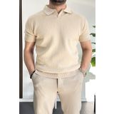 Erkek Açık Yaka Çizgili Desenli Tişört Krem Edw258