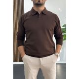 Erkek Açık Yaka Düz Desen Normal Kalıp Kazak Kahverengi Edw423