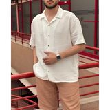 Erkek, Apaş Yaka, Oversize, %100 Pamuk, Müslin Dokuma, Kısa Kollu Gömlek G14 - Beyaz