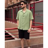 Erkek, Apaş Yaka, Oversize, %100 Pamuk, Müslin Dokuma, Kısa Kollu Gömlek G14 - Haki