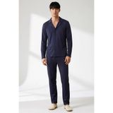 Erkek Apaş Yaka Standart Kol Uzun Kollu Nakışlı Pijama Takımı Regular Kalıp Şık %100 Pamuk