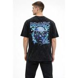 Erkek Asit Yıkamalı Oversize Tişört Future Worlds Baskılı Bisiklet Yaka Kısa Kollu Streetwear %100 Pamuk Street Style T-