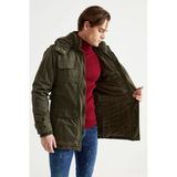 Erkek Askeri Yeşil Büyük Beden Kapüşonlu Kürk Astarlı Su Geçirmez Kalın Kaban