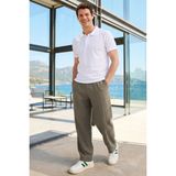 Erkek Baggy Fit Geniş Kesim %100 Pamuk Beli Lastikli Yandan Cepli Müslin Haki Düz Pantolon
