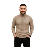 Erkek Balıkcı Yaka Bağazlı Triko Kazak Pamuklu Kalın Fitilli Dokuma, Regular Fit Uzun Kollu Kışlık Model - Bej - XL
