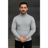 Erkek Balıkcı Yaka Bağazlı Triko Kazak Pamuklu Kalın Fitilli Dokuma, Regular Fit Uzun Kollu Kışlık Model - Gri