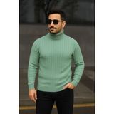 Erkek Balıkcı Yaka Bağazlı Triko Kazak Pamuklu Kalın Fitilli Dokuma, Regular Fit Uzun Kollu Kışlık Model - Mint Yeşili - S