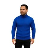 Erkek Balıkcı Yaka Bağazlı Triko Kazak Pamuklu Kalın Fitilli Dokuma, Regular Fit Uzun Kollu Kışlık Model - Saks Mavisi - 2XL