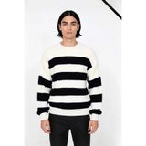Erkek Basic Koleksiyon Uzun Kollu Rahat Çizgili Bisiklet Yaka Akrilik Oversize Triko Kazak -Siyah-M