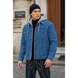 Erkek Basic Mevsimlik Kapşonlu Mavi Kot Ceket - 2XL