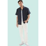 Erkek Basic Oversize Fit Kısa Kollu Gömlek Çizgili Desen Yazlık Yaz Aylarının Vazgeçilmezi - Lacivert