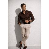 Erkek Basic Pamuk Saten Slimfit Acı Kahve Gömlek - Kahve - Bakır - 2XL