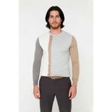 Erkek Basic Siluet Bisiklet Yaka Renk Bloklu Uzun Kollu Fitted Kalıp İntersia Triko Kazak Kaliteli -Gri-M