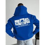 Erkek Baskılı Kapüşonlu Cepli Hoodie 3 Iplik Pamuklu Sweatshirt - Saks Mavisi - XL