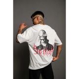 Erkek Baskılı T-Shirt Oversize Kısa Kol Bisiklet Yaka Tişort - Beyaz