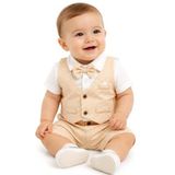 Erkek Bebek Bej Renk Ekose Desenli Yelek Modelli Papyonlu Şortlu Takım