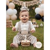 Erkek Bebek Dik Çizgili Düğmeli Salopet 2li Takım - 6-9 M - 01.Ekru