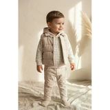 Erkek Bebek Dusty Blue Fitilli Kapüşonlu Yelek, Ekose Sweatshirt Ve Pantolon 3'Lü Kombin Takım
