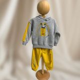Erkek Bebek Kapüşonlu Eşofman Takımı - Aslan Figürlü, Pamuklu, Cepli Sweatshirt ve Lastikli Paça Eşofman Altı, Sarı-Gri Renk - Sarı - Gri - 6 - 9 Ay