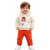 Erkek Bebek Kapüşonlu Eşofman Takımı – Ayıcık Baskılı Sweatshirt & Kadife Pantolon – Yumuşak Pamuklu, Günlük ve Rahat Kullanım (2, Krem ve turuncu)