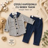 Erkek Bebek Kapüşonlu Müslin Takım - Çizgili Gömlek ve Pantolon Seti - 18 Ay - Lacivert