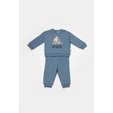 Erkek Bebek Pamuklu Mavi Puzzle Desenli Eşofman Takımı - Uzun Kollu Sweatshirt ve Cep Detaylı Pantolon - 9 - 12 Ay