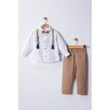 Erkek Bebek&çocuk Baskılı Salopet Takım Gömlek Pantolon Papyon - Camel - 9 - 12 Ay