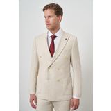 Erkek Bej Keten Kruvaze Slim Fit Sivri Yaka Takım Elbise
