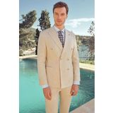 Erkek Bej Keten Trend Kruvaze Slim Fit Sivri Yaka Takım Elbise