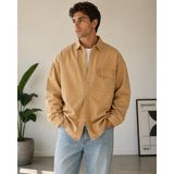 Erkek Bej Oversize Kot Gömlek Çıtçıt Düğmeli Rahat Kalıp Jean Gömlek - 2XL