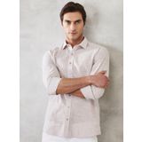 Erkek Bej Slim Fit Dar Kesim %100 Pamuk Klasik Yaka Çizgili Gömlek
