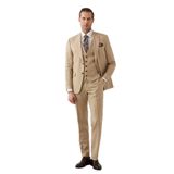 Erkek Bej Slim Fit Yelekli İtalyan Kumaş Sivri Yaka Takım Elbise