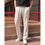Erkek, Bel Lastikli, Geniş Kesim, Keten Dokuma, Pamuklu, Pileli Pantolon 302 - Beyaz - Oversize