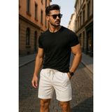 Erkek Beli Lastikli Bağcık Detaylı Şort - 2XL - Beyaz