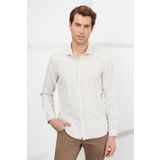 Erkek Beyaz-bej Slim Fit Dar Kesim Küçük Italyan Yaka Pamuklu Çizgili Gömlek