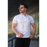 Erkek Beyaz Bej Yaprak Desenli Slim Fit Polo Yaka Tişört - 2529 - 2XL