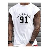 Erkek Beyaz California 91 Baskılı Kolsuz T-shirt