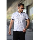 Erkek Beyaz Mavi Yaprak Desenli Slim Fit Polo Yaka Tişört - 2529 - XL