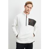 Erkek Beyaz Oversize Bol Kesim Bato Yaka Cep Detaylı Fermuarlı Soğuk Geçirmez Polar Sweatshirt