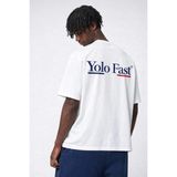 Erkek Beyaz Oversize Tişört %100 Pamuk Yolo Fast Baskılı Streetwear Unisex Basic