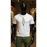 Erkek Beyaz Relaxed Fit %100 Pamuk Tişört – Minimal Geometrik Kareler & Turkuaz‑Turuncu Baskılı