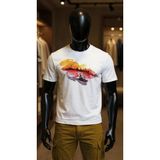 Erkek Beyaz Relaxed Fit %100 Pamuk Tişört – Suluboya Günbatımı & Balıkçı Manzara Baskılı