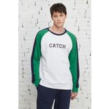 Erkek Beyaz-yeşil Standart Fit Normal Kesim Bisiklet Yaka Pamuklu Çizgili Sweatshirt