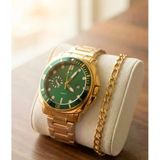 Erkek Bezel Kol Saati Bileklik Hediyeli | Yeşil Kadran Takvimli Çelik Kordon Quartz Analog Saat Frn09
