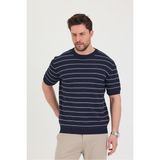 Erkek Bisiklet Yaka Çizgi Detaylı Kısa Kollu Ince Triko T-Shirt - Lacivert - M