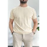 Erkek Bisiklet Yaka Desenli Tişört Krem Edw260 - 2XL