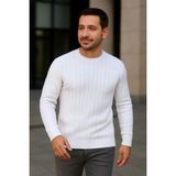 Erkek Bisiklet Yaka Triko Kazak Pamuklu Kalın Fitilli Dokuma Regular Fit - Beyaz