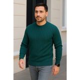 Erkek Bisiklet Yuvarlak Yaka Triko Kazak Pamuklu Kalın Fitilli Dokuma, Regular Fit Uzun Kollu Kış - Haki - XL